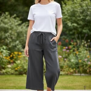 NWT Splendid Cropped Capri Pants Large Black Linen Viscose Wide Leg Elastic Wais